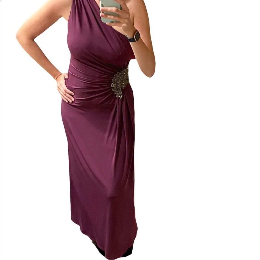 David Meister Off the Shoulder Purple Evening Gown Crystal Side Embellishment 8